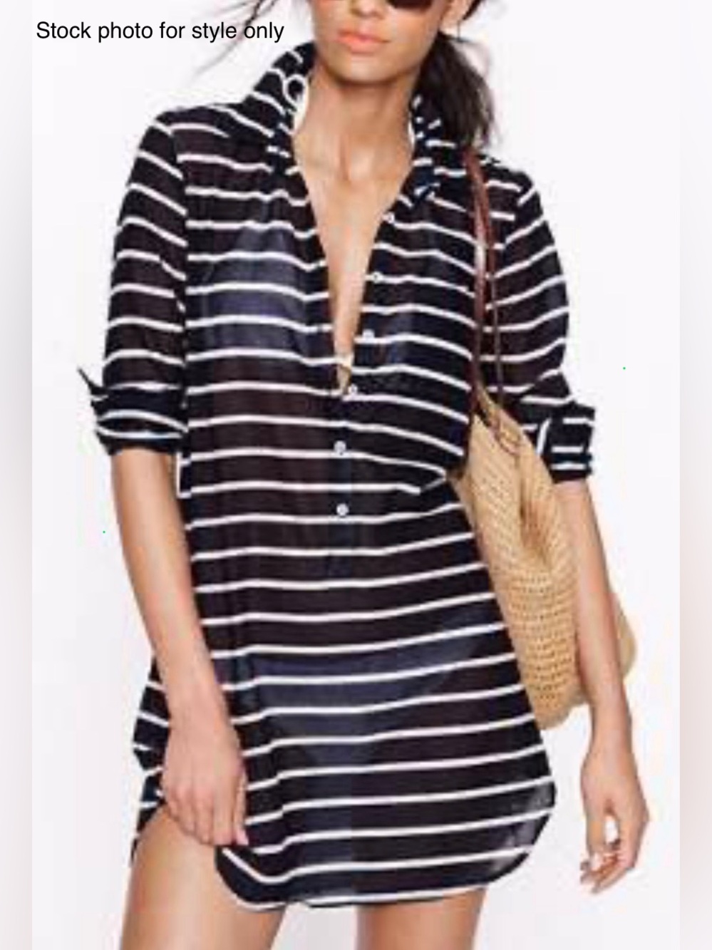J. Crew Navy and White Striped Casual Button-Down Shirt Beach Sheer Medium